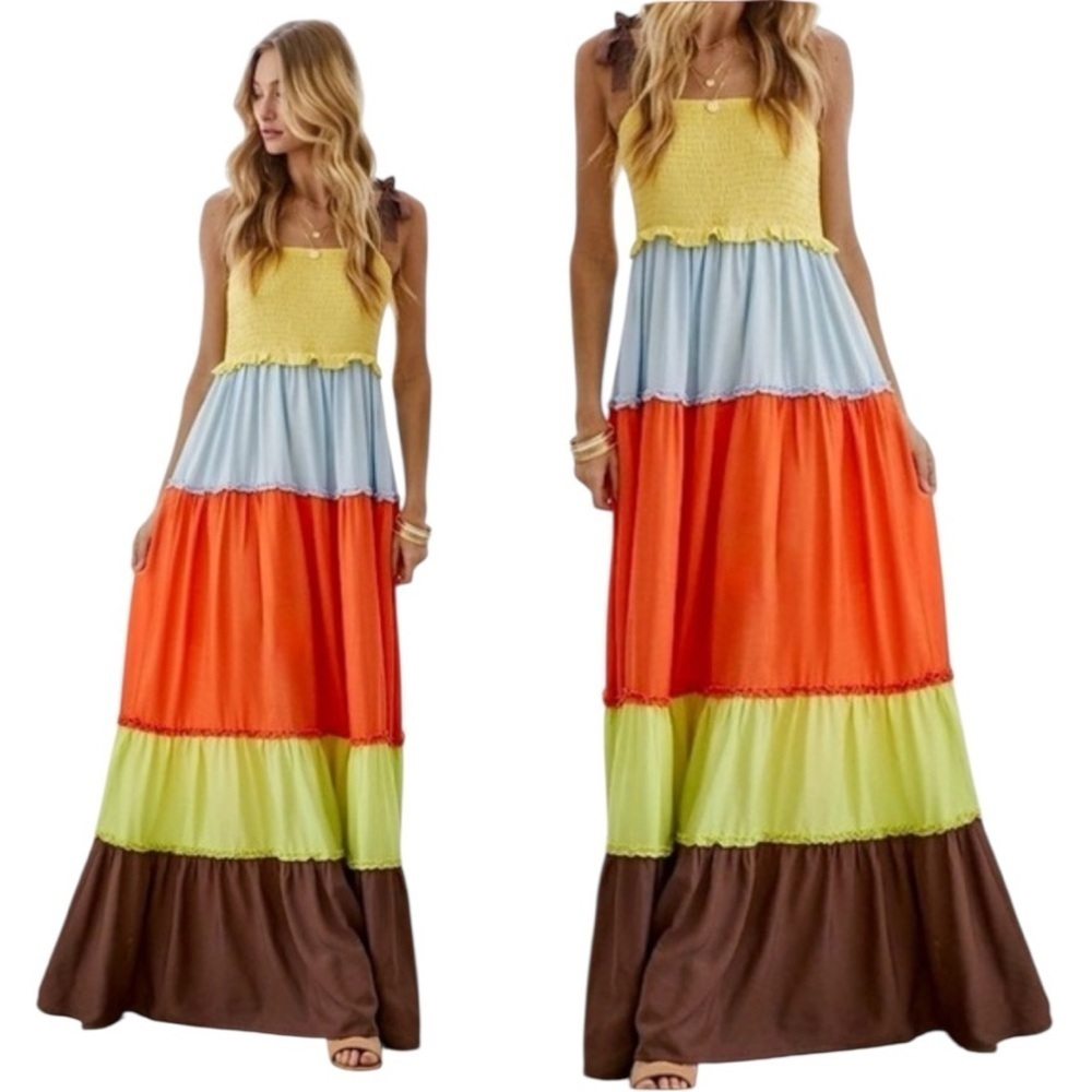Davi & Dani Colorblock Tiered Maxi Dress - Size Small - Boho, Vacation, Beach